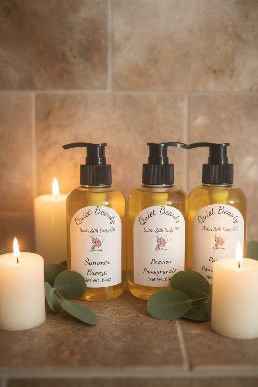 Four pump bottles of Quiet Beauty Cedar Silk Body Oil arranged on a white shelf. The bottles are filled with golden-yellow oil and have white labels with black text and pump dispensers.