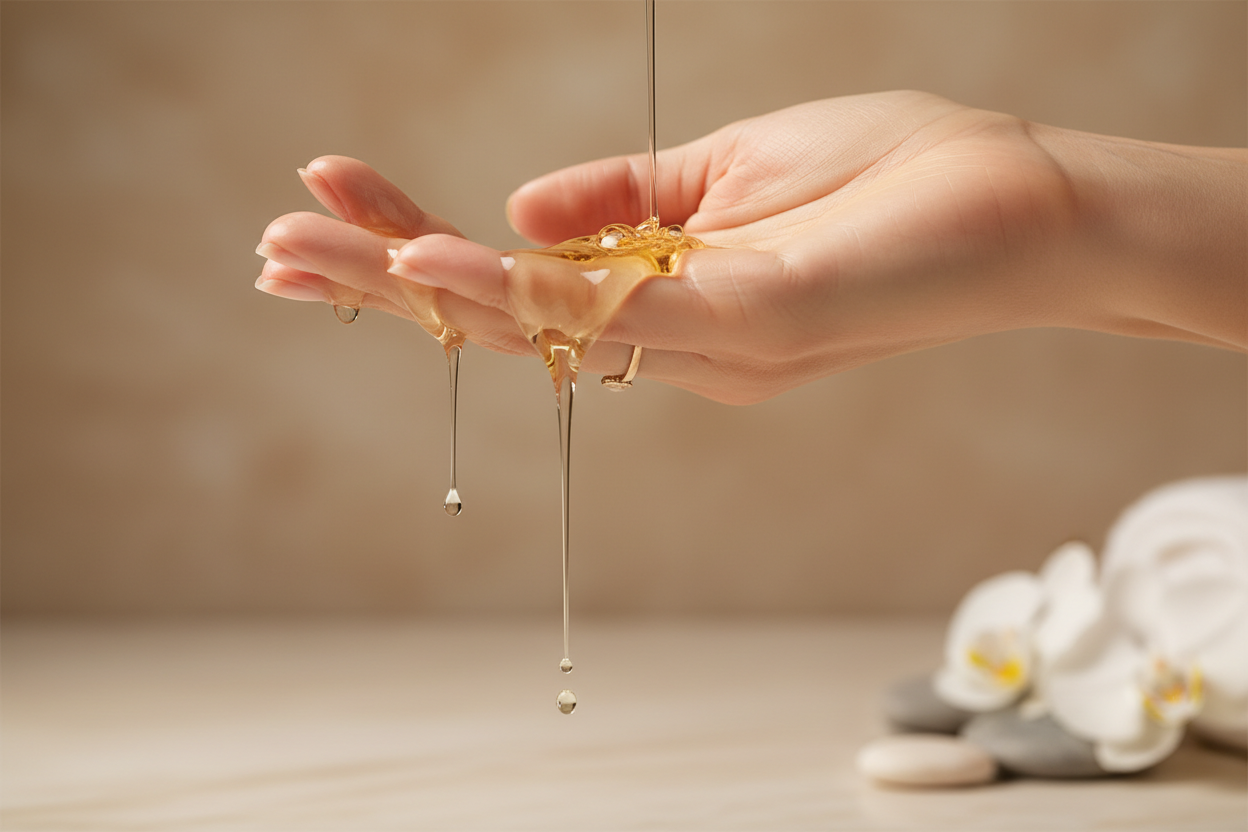 satin and silk body oil flowing across a woman's fingers